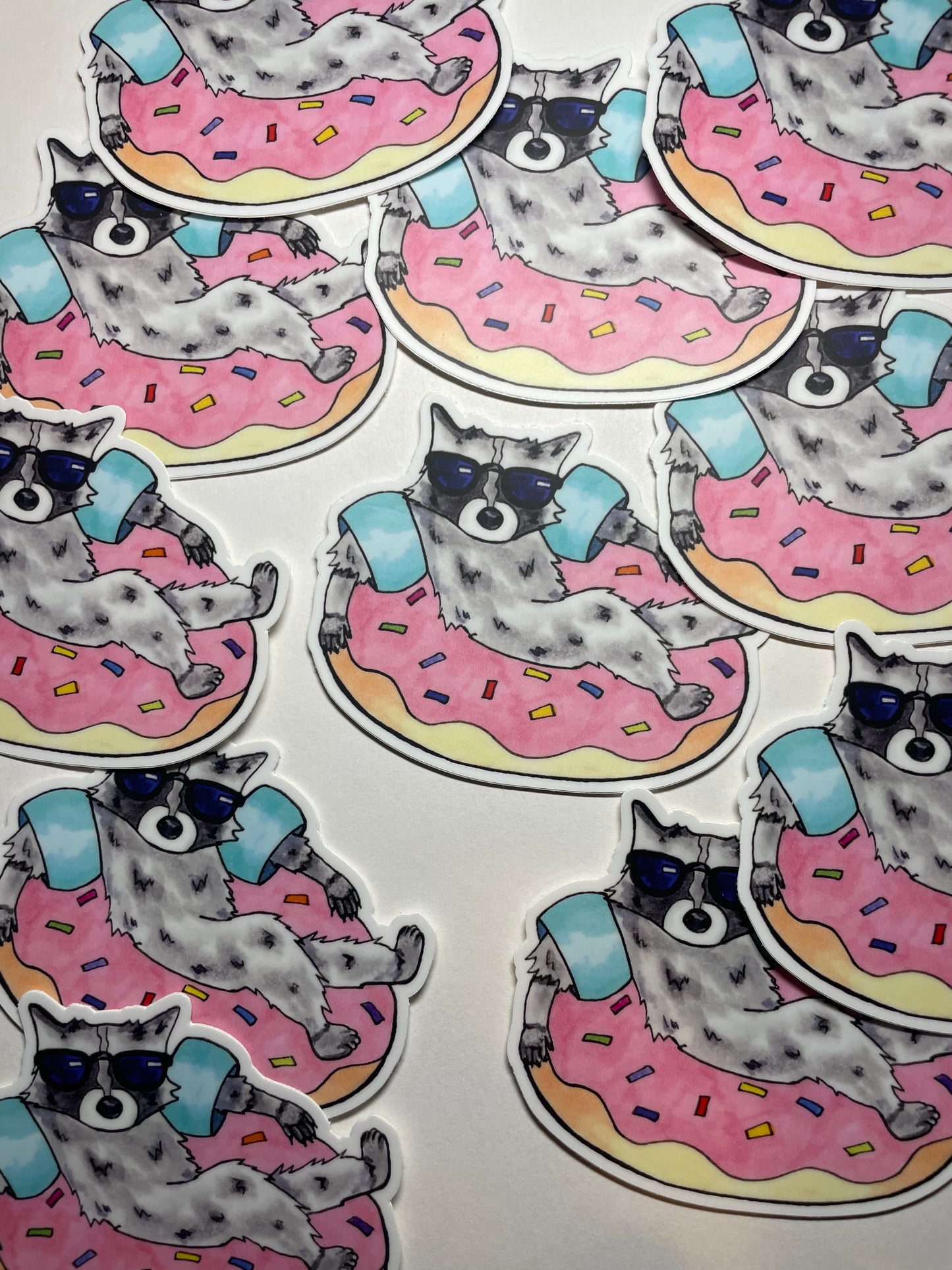 Raccoon Donut Float Waterproof Vinyl Sticker