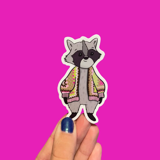 Raccoon Wearing Crochet Sweater Waterproof Vinyl Sticker