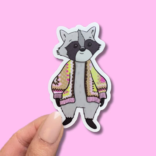 Raccoon Wearing Crochet Sweater Waterproof Vinyl Sticker