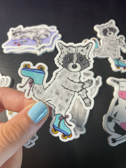 Raccoon Rollerskating Waterproof Vinyl Sticker