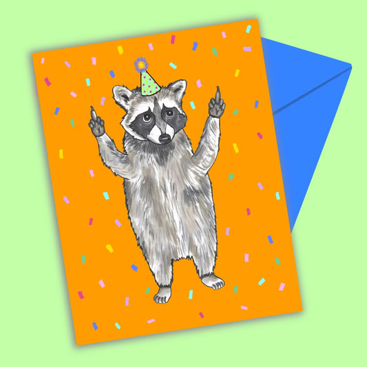 Middle Finger Raccoon Party Hat Greeting Card