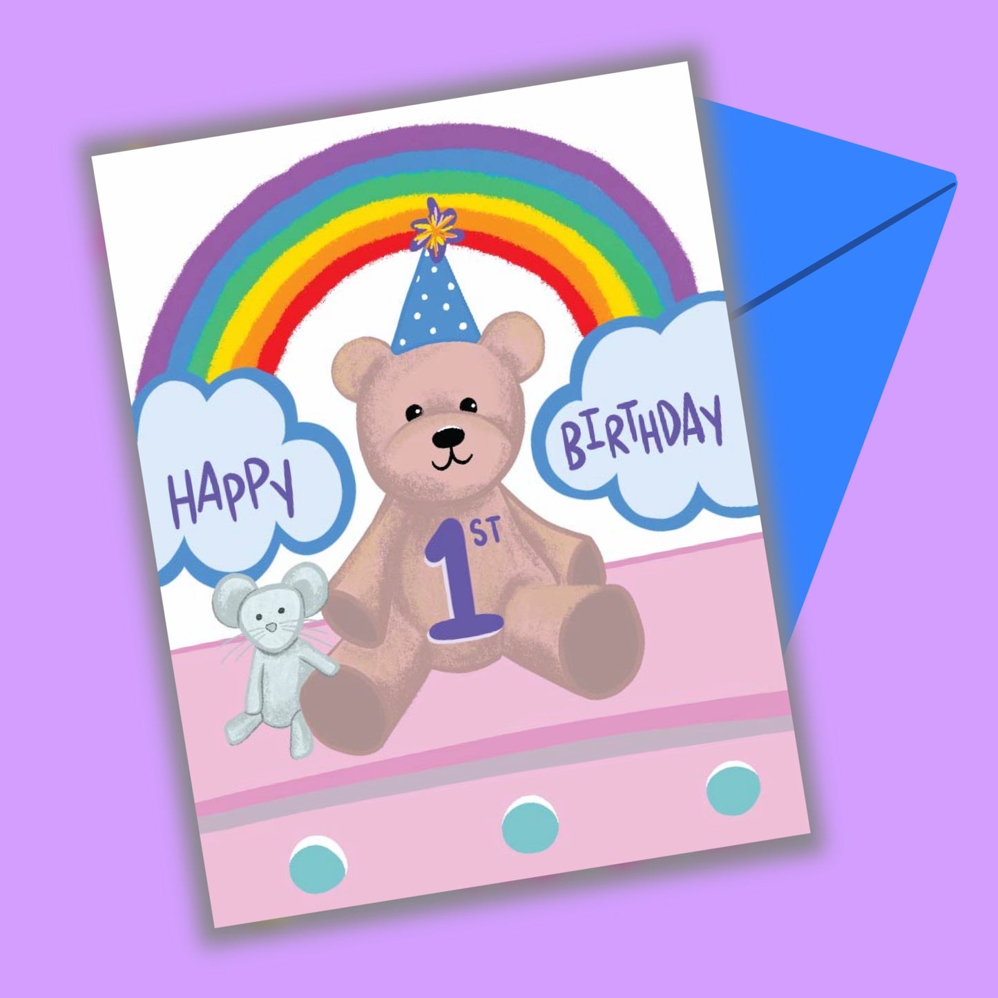Happy 1st Birthday Greeting Card, Rainbow Bear