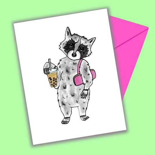 Raccoon With Boba Greeting Card