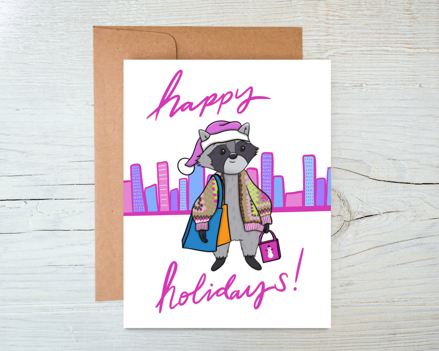 Racoon Shopping Holiday Greeting Card